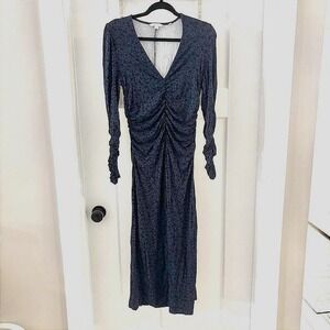 Boden size US 8 Navy with black floral Jersey Knit midi dress EUC V Neck